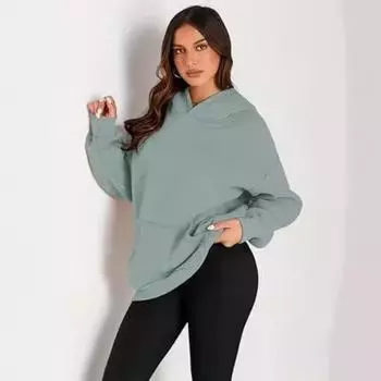 Зимняя женская однотонная свободная толстовка с длинными рукавами, повседневный пуловер с капюшоном для женщин S светло-зеленый