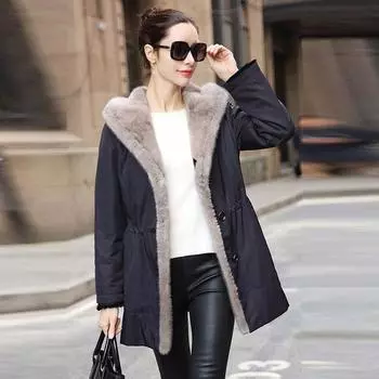 Зимняя женская парка средней длины, плотная теплая парка с капюшоном, водонепроницаемая, с имитацией меха норки, внутренняя ветрозащитная парка с меховым воротником M чёрный