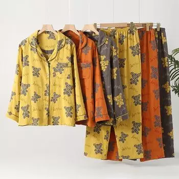 Зимняя женская пижама 100% хлопок женская пижама костюм из двух предметов с длинными рукавами домашняя одежда пижамы с рисунком медведя жаккард M оранжевый