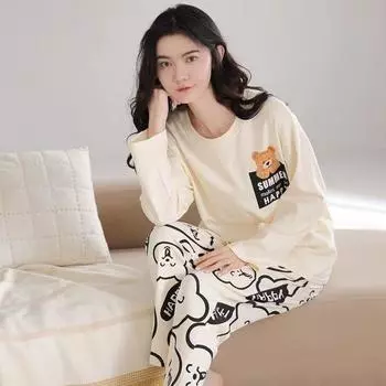 Зимняя женская пижама с длинными рукавами и милым рисунком из мультфильма. Два комплекта нового удобного повседневного стиля, которые можно носить поверх домашней одежды. M