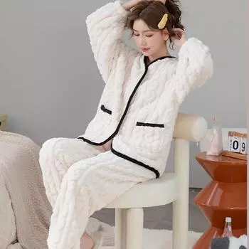 Зимняя женская пижама, жаккардовая, пушистая, элегантная, белая, с V-образным вырезом, с лацканами, термопижама, повседневная, ночная одежда M белый