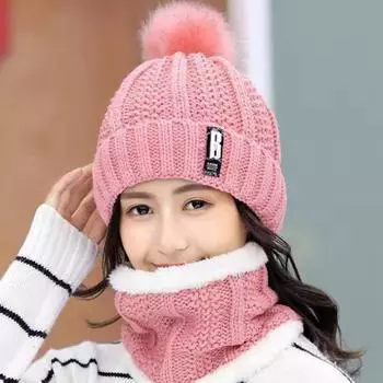 Зимняя женская плюшевая шерстяная шапка для верховой езды, теплая и холодная вязаная шапка с шарфом для защиты ушей One Size темно-синий