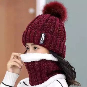 Зимняя женская плюшевая шерстяная шапка для верховой езды, теплая и холодная вязаная шапка с шарфом для защиты ушей One Size темно-синий