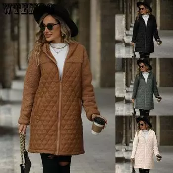 Зимняя женская плюшевая теплая куртка средней длины с капюшоном на молнии плюшевое пальто куртка S чёрный