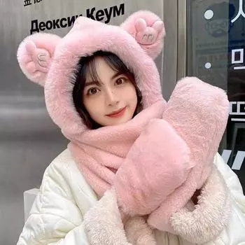 Зимняя женская плюшевая теплая шапка, шарф, перчатки, интегрированный утепленный уличный велосипедный комплект из трех предметов, защищающий от холода average size