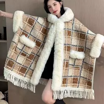 Зимняя женская полосатая накидка-пончо из плотного зернистого бархата с рукавами «летучая мышь», длинный плащ из искусственного меха One Size шампанского