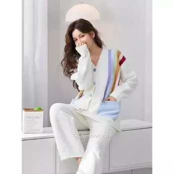 Зимняя женская полубархатная пижама в радужную полоску из кораллового бархата, утолщенная износостойкая домашняя одежда One Size белый