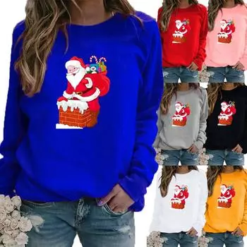Зимняя женская повседневная толстовка с длинными рукавами и принтом Санта-Клауса, женская свободная футболка с круглым вырезом, топы больших размеров, свитер с длинными рукавами XS белый