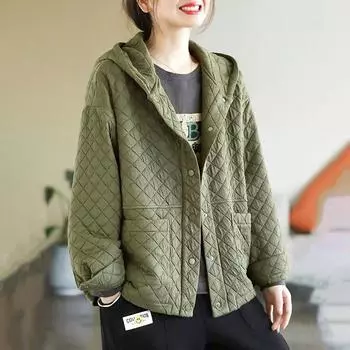 Зимняя женская ретро однотонная стеганая свободная теплая куртка с капюшоном XXL чёрный