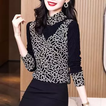 Зимняя женская рубашка с сетчатым низом и длинными рукавами, теплые сшитые топы с принтом M чёрный
