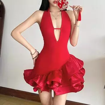 Зимняя женская сексуальная бретелька через шею с глубоким V-образным вырезом, облегающая однотонная юбка с ягодицами и сумкой S красный