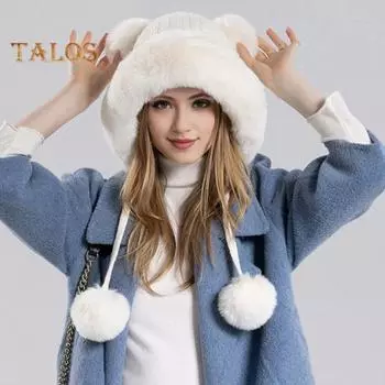 Зимняя женская шапка из пушистого плюша с утолщенным теплом, с декором в виде мяча, защита ушей, однотонная, ветрозащитная, для кемпинга, велоспорта, катания на лыжах, головной убор чёрный