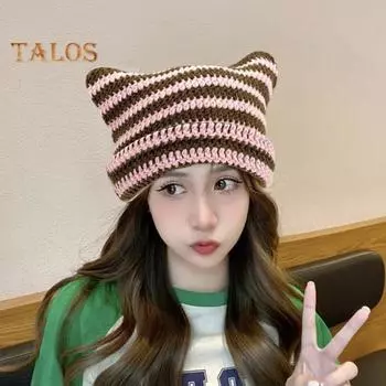 Зимняя женская шапка-кошечка с контрастными полосками и звездами, меховой шарик, декор в виде демона, ветрозащитная эластичная противоскользящая теплая шапка чёрный