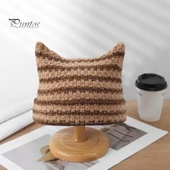 Зимняя женская шапка-кошечка с контрастными полосками и звездами, меховой шарик, декор в виде демона, ветрозащитная эластичная противоскользящая теплая шапка кофейный