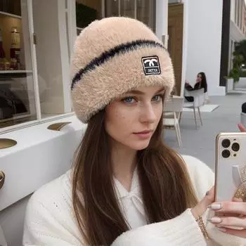 Зимняя женская шапка-пуловер, утолщенная теплая плюшевая шапочка, простая эластичная вязаная шерстяная шапка-пуловер для женщин 58/59