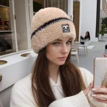 Зимняя женская шапка-пуловер, утолщенная теплая плюшевая шапка, простая эластичная вязаная шерстяная шапка-пуловер для женщин 58/59cm