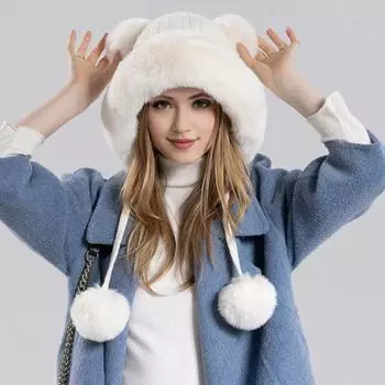 Зимняя женская шапка пушистая плюшевая утолщенная теплоудерживающая мяч декоративная защита ушей сплошная чёрный