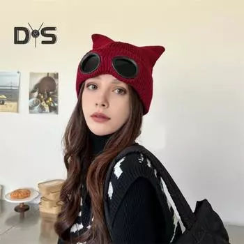Зимняя женская шапка с изображением кошечки, однотонная, с очками, с декором в виде мяча, шапка-демон, ветрозащитная, эластичная, нескользящая, теплая, головной убор чёрный