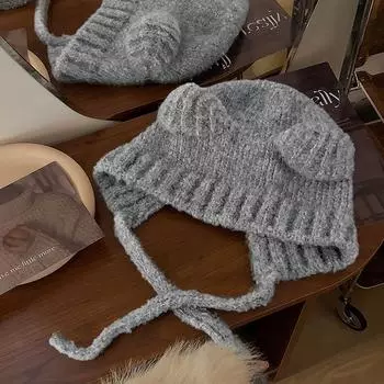 Зимняя женская шапка с милым медведем, теплая плюшевая однотонная шапка серый