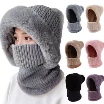 Зимняя женская шапка с шарфом, вязаная толстая, на плюшевой подкладке, ветрозащитная, с помпоном, полная коричневый