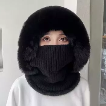 Зимняя женская шапка с шарфом, вязаная толстая, на плюшевой подкладке, ветрозащитная, с помпоном, полная серый