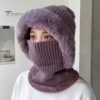 Зимняя женская шапка с шарфом, вязаная толстая плюшевая ветрозащитная шапка с помпоном, полностью защищающая велосипедная кепка, эластичный головной убор