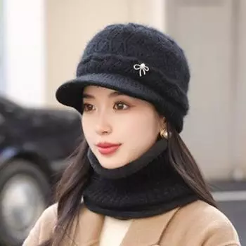 Зимняя женская шапка-шарф с шерстяной подкладкой, утолщенная вязаная шерстяная шапка Hat + Scarf