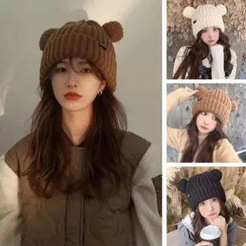 Зимняя женская шапка, утолщенная вязаная однотонная эластичная теплая защита ушей, ветрозащитная, противоскользящая, мультяшный декор для ушей, мягкая морозостойкая женская шапочка хаки
