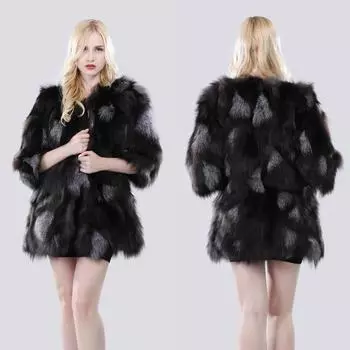 Зимняя женская шуба из 100% натурального меха лисы, натуральная теплая куртка из мягкого лисьего меха, женская модная верхняя одежда из натурального лисьего меха S чёрный/серебряный