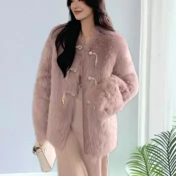 Зимняя женская шуба из искусственного меха лисы, плюшевая толстая теплая модная куртка с перламутровыми пуговицами, корейское женское пальто S розовый