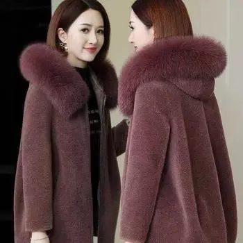 Зимняя женская шуба из утолщенного меха ягненка, длинная куртка с капюшоном для женщин S фиолетовый
