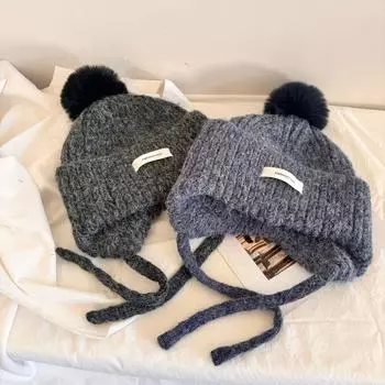 Зимняя женская симпатичная шапка-пуловер из флиса, теплая зимняя шапка Lei Feng, вязаная защитная шапка для ушей, велосипедная шерстяная шапка M56-58cm серый