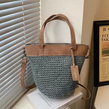 Зимняя женская соломенная сумка-тоут на молнии, новинка 2024 года, дорожные пляжные сумки, женская сумка-ведро ручной работы через плечо с короткой ручкой хаки