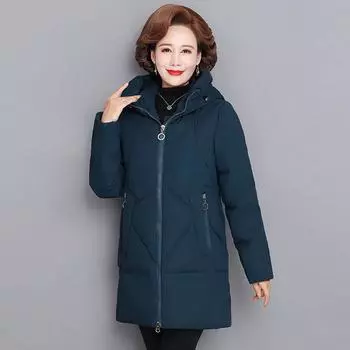 Зимняя женская стеганая куртка среднего и пожилого возраста с капюшоном больших размеров средней длины XL