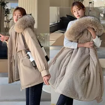 Зимняя женская свободная и тонкая съемная большая меховая воротниковая утолщенная и бархатная теплая куртка M хаки