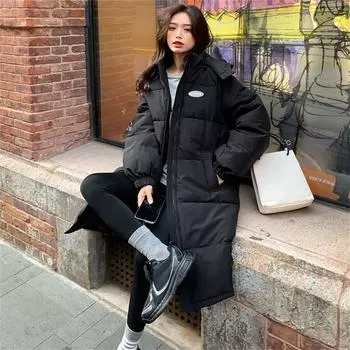 Зимняя женская свободная куртка, пальто, длинные парки, женское пуховое хлопковое пальто с капюшоном, толстые теплые куртки, ветрозащитные повседневные студенческие пальто S чёрный
