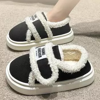 Зимняя женская теплая хлопковая обувь 2024 года, плюшевые зимние ботинки на плоской подошве с липучкой, женские ботильоны из искусственного меха с мягкой подошвой 36-37 чёрный