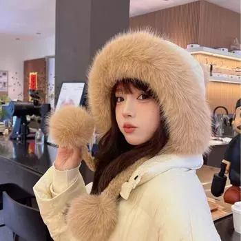 Зимняя женская теплая пуховая защитная шапка, флисовая утолщенная хлопковая шапка, морозостойкая шапка, плюшевая шапка с милой мордашкой маленького Лэй Фэна one size fits all хаки