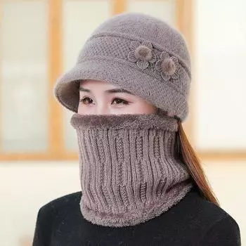 Зимняя женская теплая шапка для мам среднего и пожилого возраста, комплект из бархатной толстой шерстяной шапки и шарфа