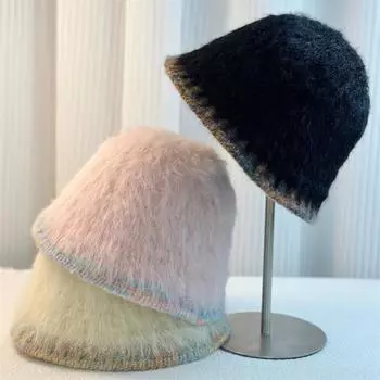 Зимняя женская теплая шапка вязаная шапка женская рыбацкая плюшевая шапка one size fits all чёрный