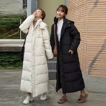 Зимняя женская теплая толстая длинная куртка с капюшоном, модная парка выше колена, пальто с длинными рукавами и боковыми разрезами по низу M чёрный