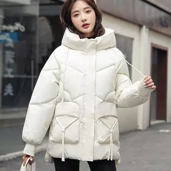 Зимняя женская теплая толстая куртка с капюшоном, повседневная свободная куртка с хлопковой подкладкой, верхняя одежда средней длины M чёрный