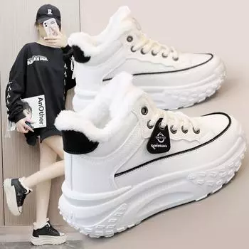 Зимняя женская термообувь на флисовой подкладке. Новые неуклюжие кроссовки в корейском стиле. Кроссовки на платформе. Обувь на хлопковой подкладке, увеличивающая рост. Модная повседневная обувь. 35 белый