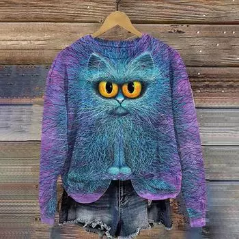 Зимняя женская толстовка Harajuku с принтом забавных кошек, толстовки с капюшоном, удобная уличная кофта с круглым вырезом, свободная женская одежда S