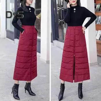 Зимняя женская юбка с толстой подкладкой и высокой талией на молнии, однотонные карманы, мягкая ветрозащитная морозостойкая длина до щиколотки, женская пуховая юбка, макси-юбка 2XL чёрный