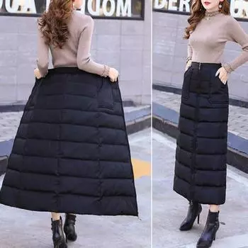 Зимняя женская юбка с толстой подкладкой и высокой талией на молнии, однотонные карманы, мягкая ветрозащитная морозостойкая длина до щиколотки, женская пуховая юбка, макси-юбка 4XL вино красного