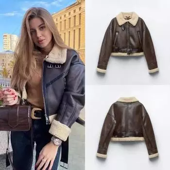 Зимняя женская уличная одежда из искусственной кожи ягненка, короткая куртка с поясом, байкерская, толстая теплая овчинная шуба XS чёрный