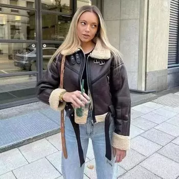 Зимняя женская уличная одежда из искусственной кожи ягненка, короткая куртка с поясом, байкерская, толстая теплая овчинная шуба XS чёрный