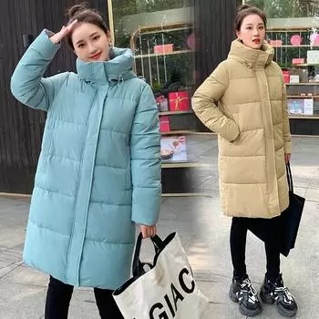 Зимняя женская универсальная простая утолщенная хлопковая одежда средней и длинной длины, корейский стильный дизайн, куртка M хаки