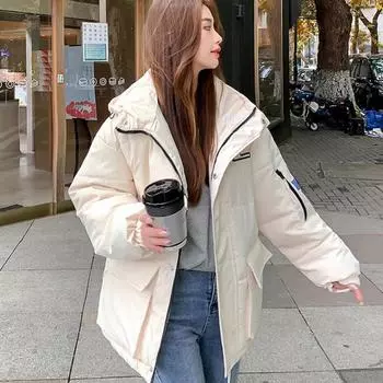 Зимняя женская утолщенная куртка в студенческом стиле и пальто с капюшоном для студентов, корейская свободная желтая одежда S бежевый